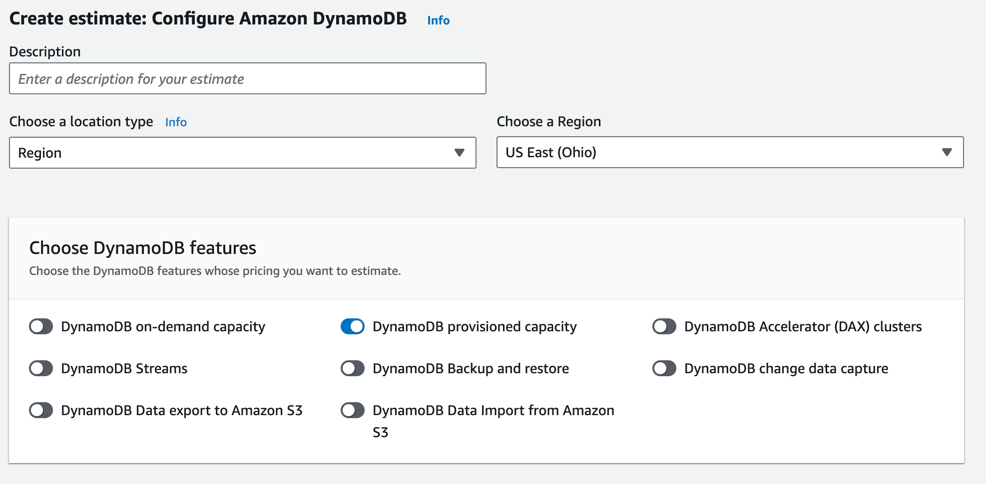 AWS Pricing Calculator for DynamoDB Standard Table Class