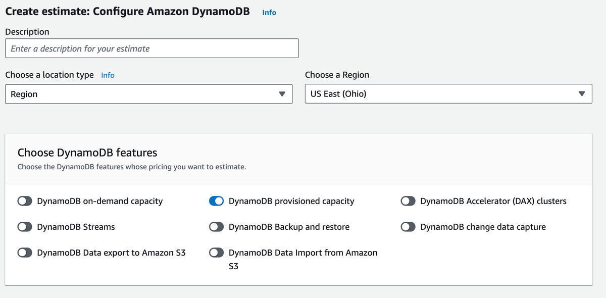 AWS Pricing Calculator for DynamoDB Standard Table Class