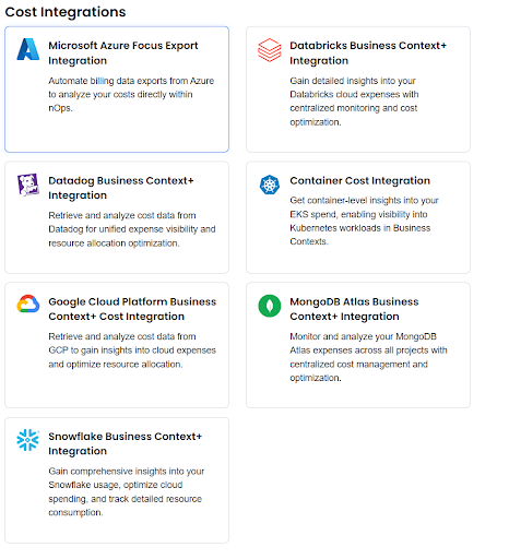 nOps Business Contexts+ integrates with AWS, Azure, GCP, EKS, Datadog, Databricks, MongoDB and more