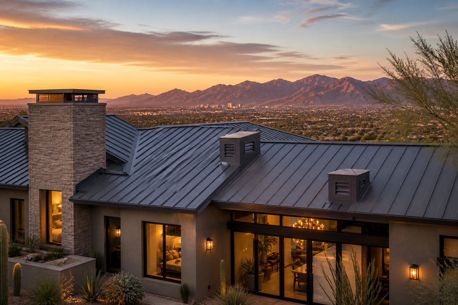 Arizona home with a metal roof at sunset