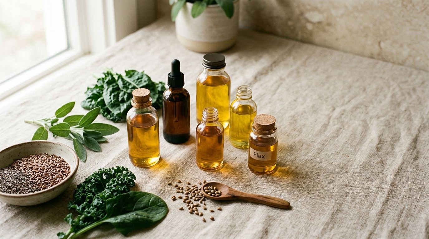 Golden plant-based omega oils with botanical ingredients on neutral fabric background