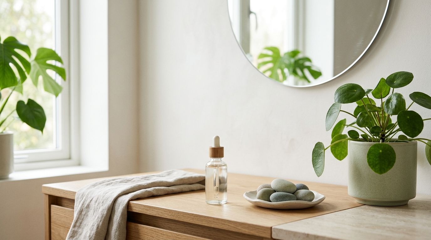 Minimalist bathroom scene with dropper bottle, stones, and plant in soft natural light