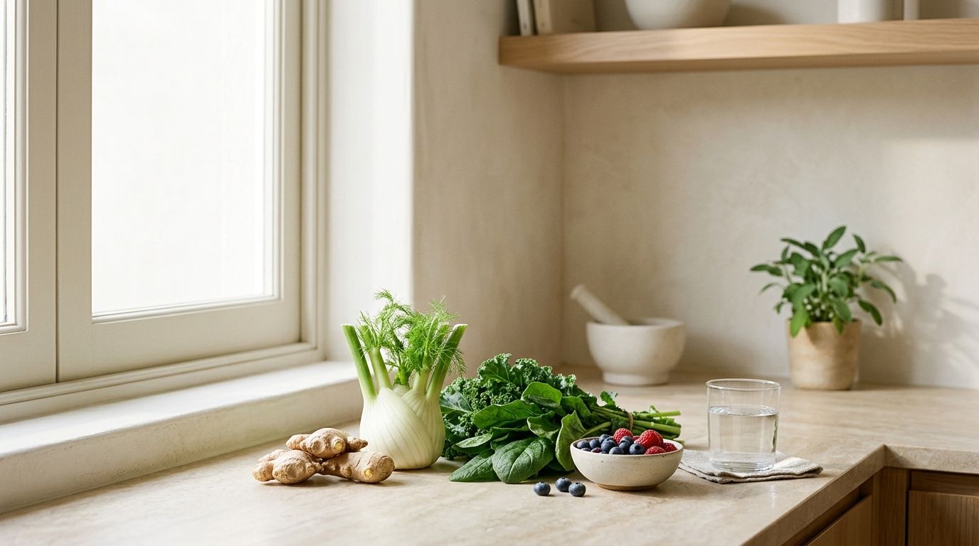 Calm kitchen scene with fresh whole foods and water in natural light.