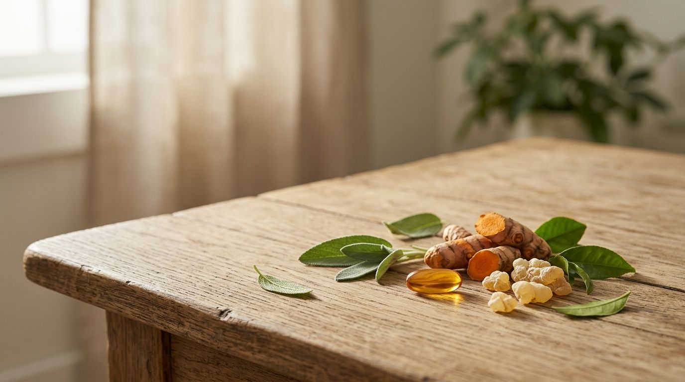 Golden softgel surrounded by turmeric root and boswellia resin on sunlit wooden surface.