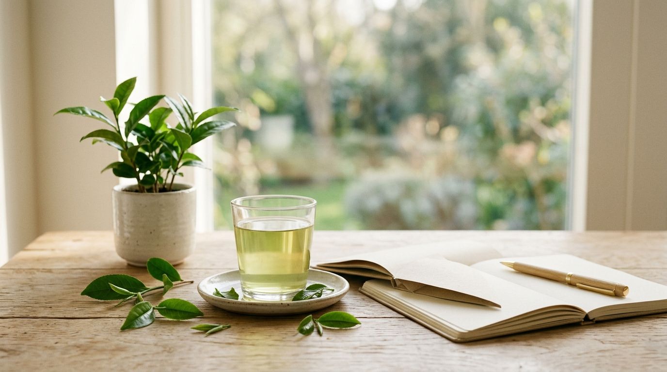 Glass of green tea beverage with fresh leaves and workspace elements in soft natural light