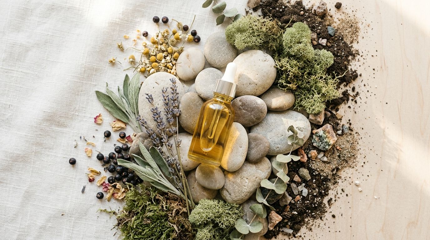 Golden mineral supplement bottle with dropper on natural stones and botanical elements in soft light