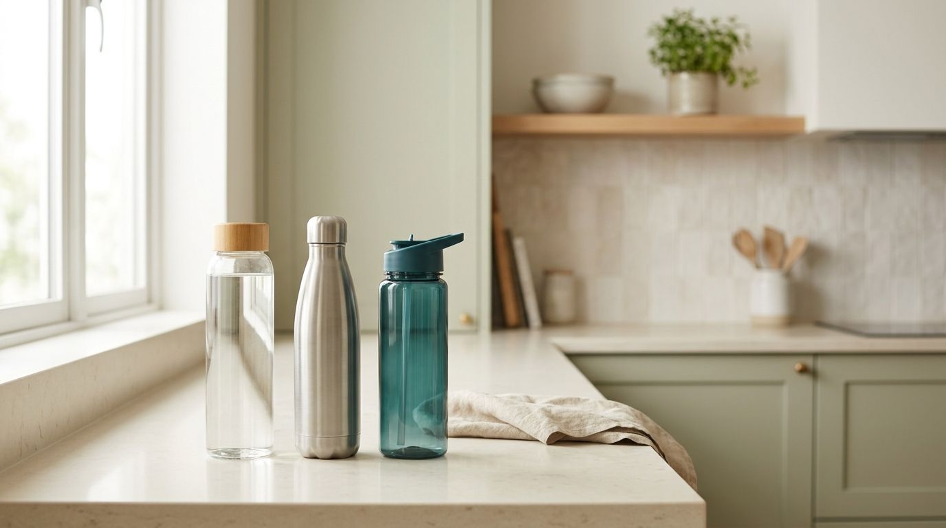 A glass, a stainless steel, and a plastic water bottle lined up on a bright kitchen counter