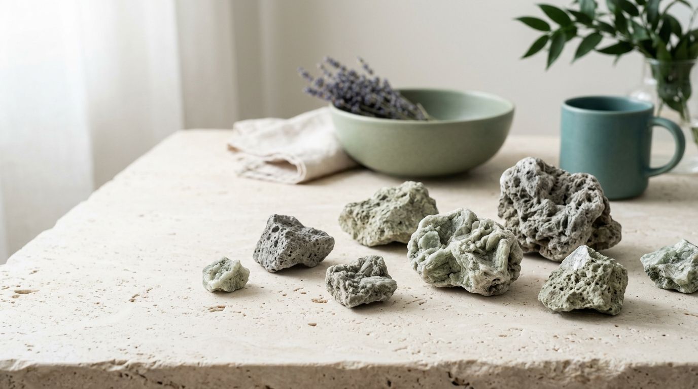 Chunks of natural volcanic zeolite mineral arranged on a light neutral stone surface