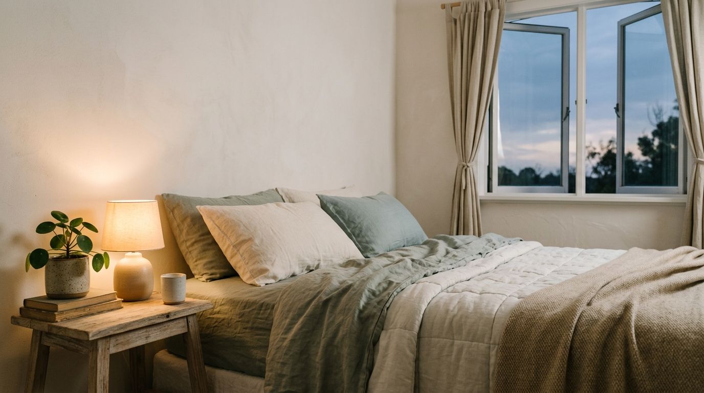 Tranquil bedroom with warm lighting and natural elements promoting restful sleep