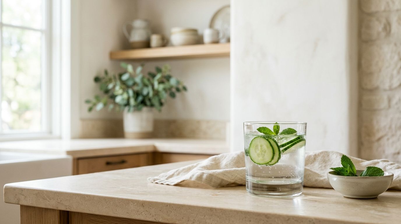 A glass of water with cucumber and mint on a bright, clean kitchen counter