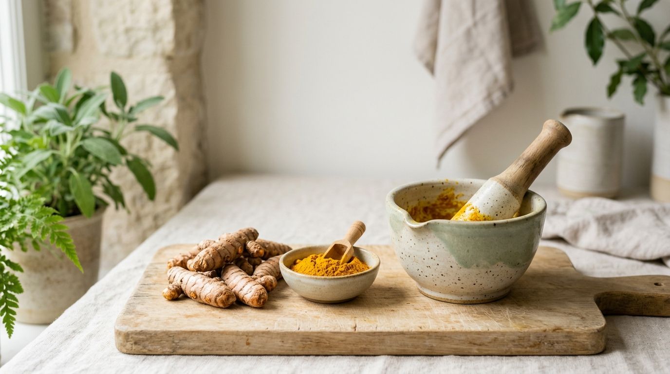 Fresh turmeric root and golden turmeric powder on a light wooden board beside a mortar and pestle