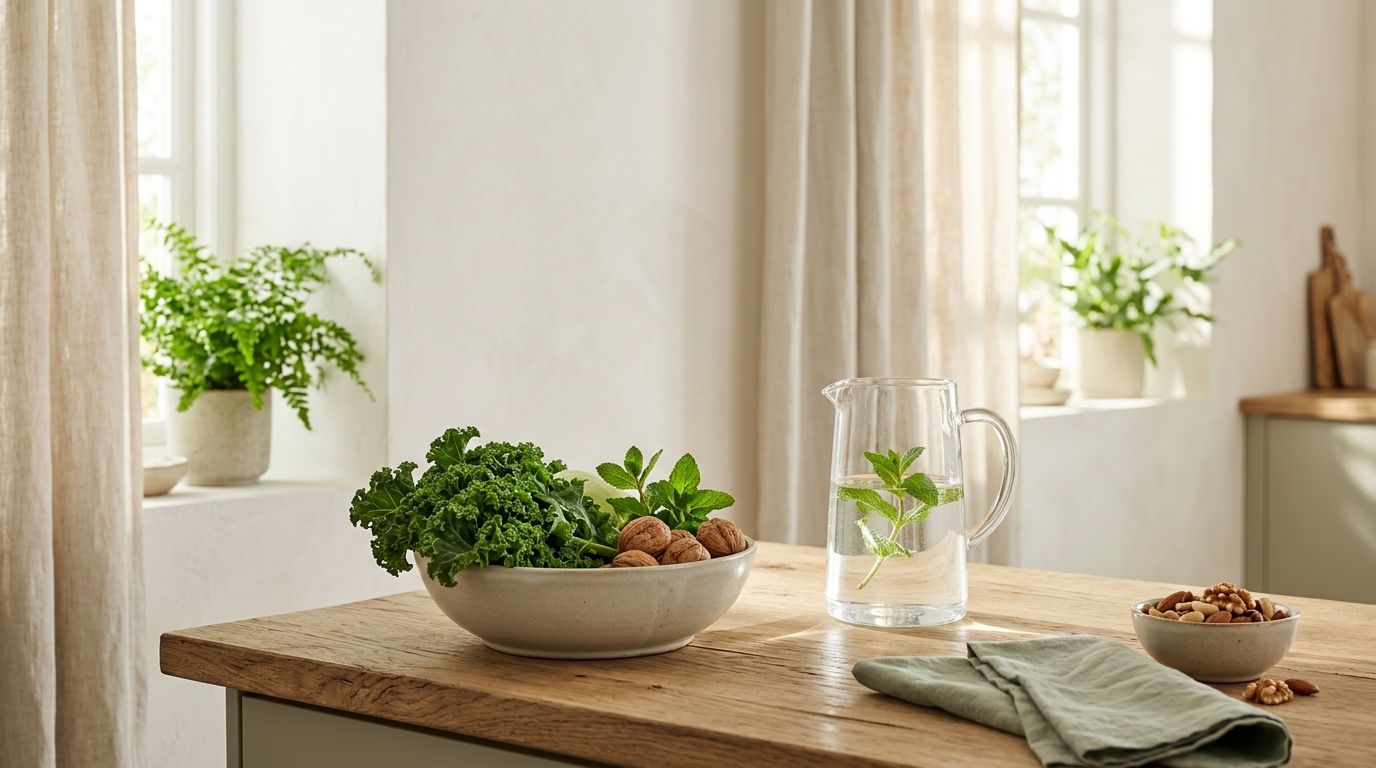 Sunlit kitchen with whole foods and water on wooden surfaces, symbolizing natural wellness.