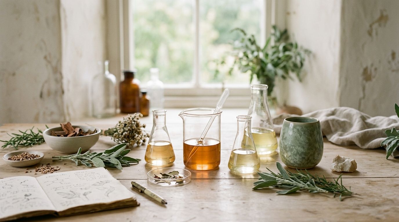 Amber and golden liquids in glass beakers with botanical elements and molecular diagrams in soft laboratory setting