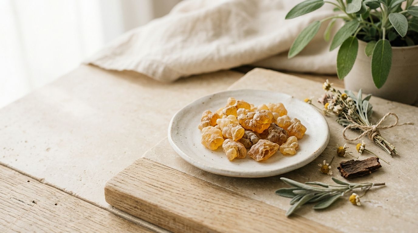 Golden boswellia resin pieces on a light neutral surface beside dried botanicals