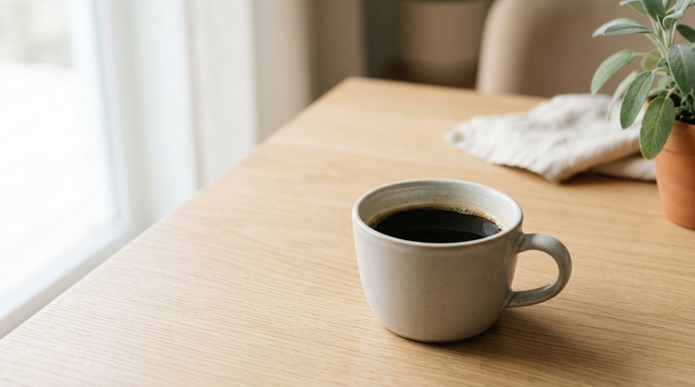 A single cup of black coffee on a clean, sunlit light-wood table