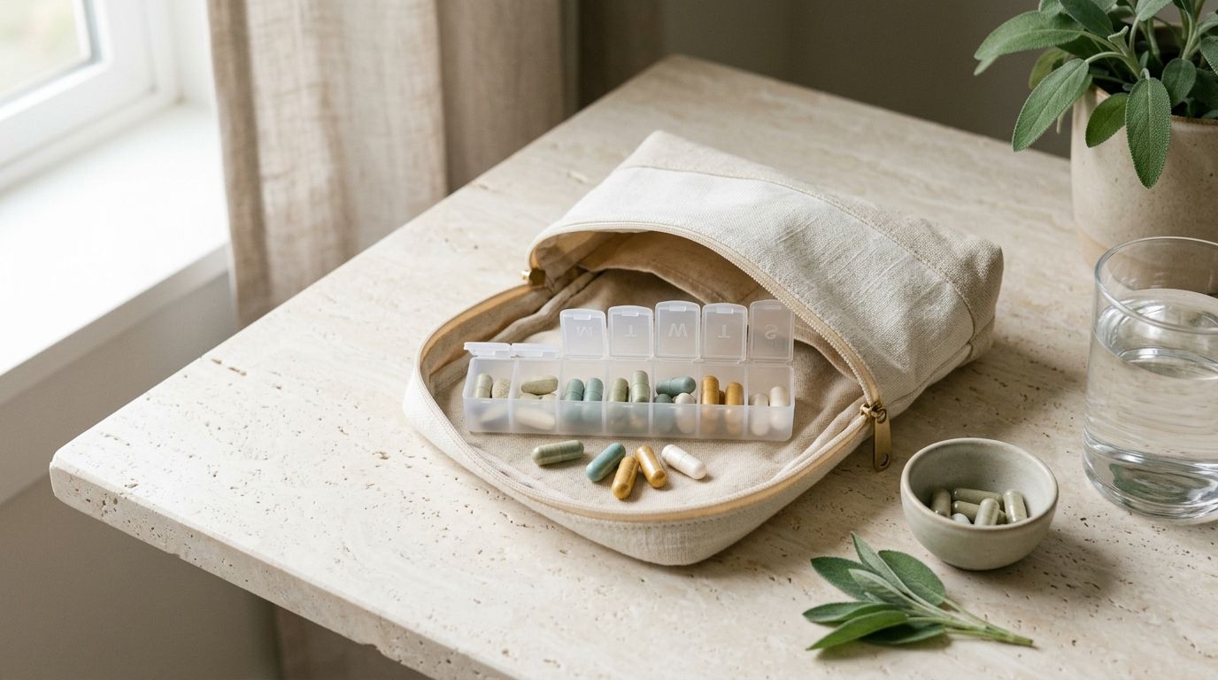A small pill organizer and supplement capsules neatly arranged in an open travel bag on a bright surface
