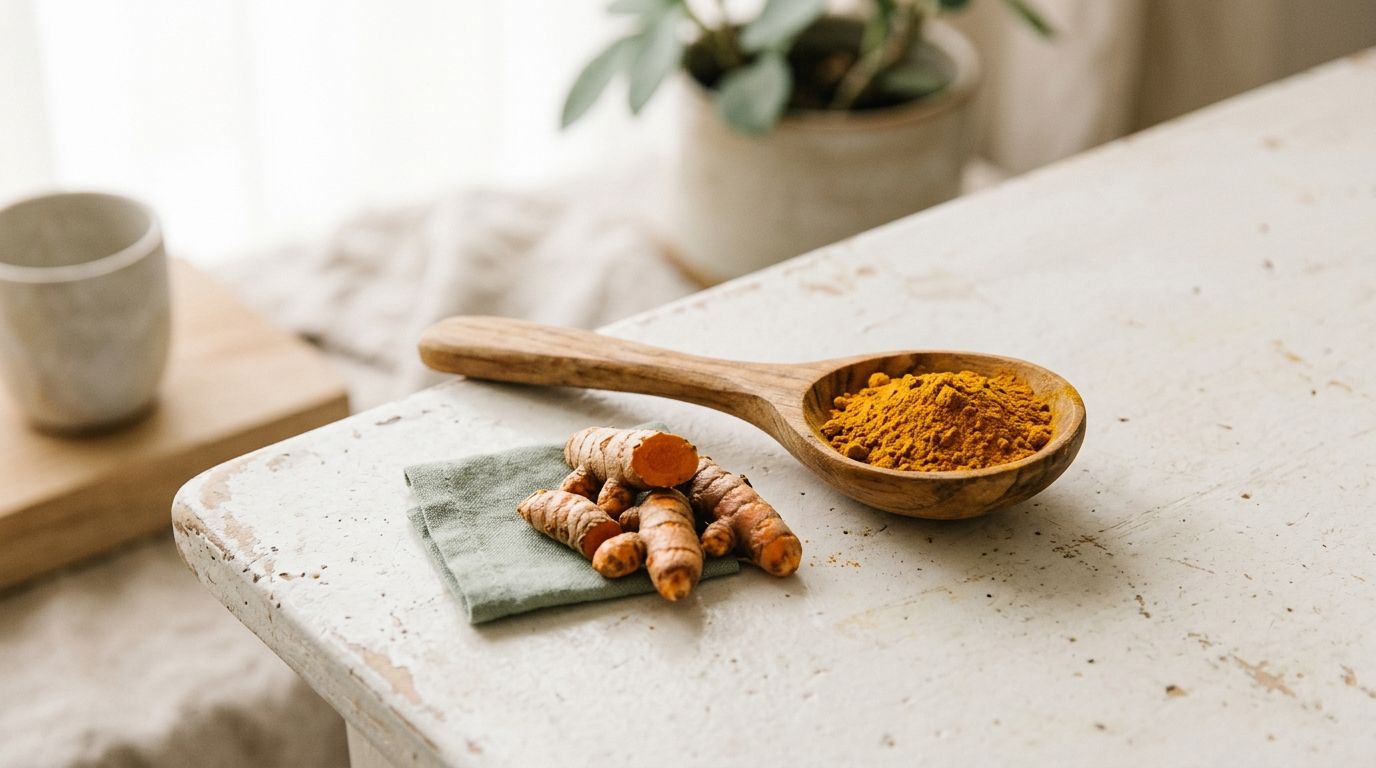 A wooden spoon of golden turmeric powder beside fresh turmeric root on a light surface