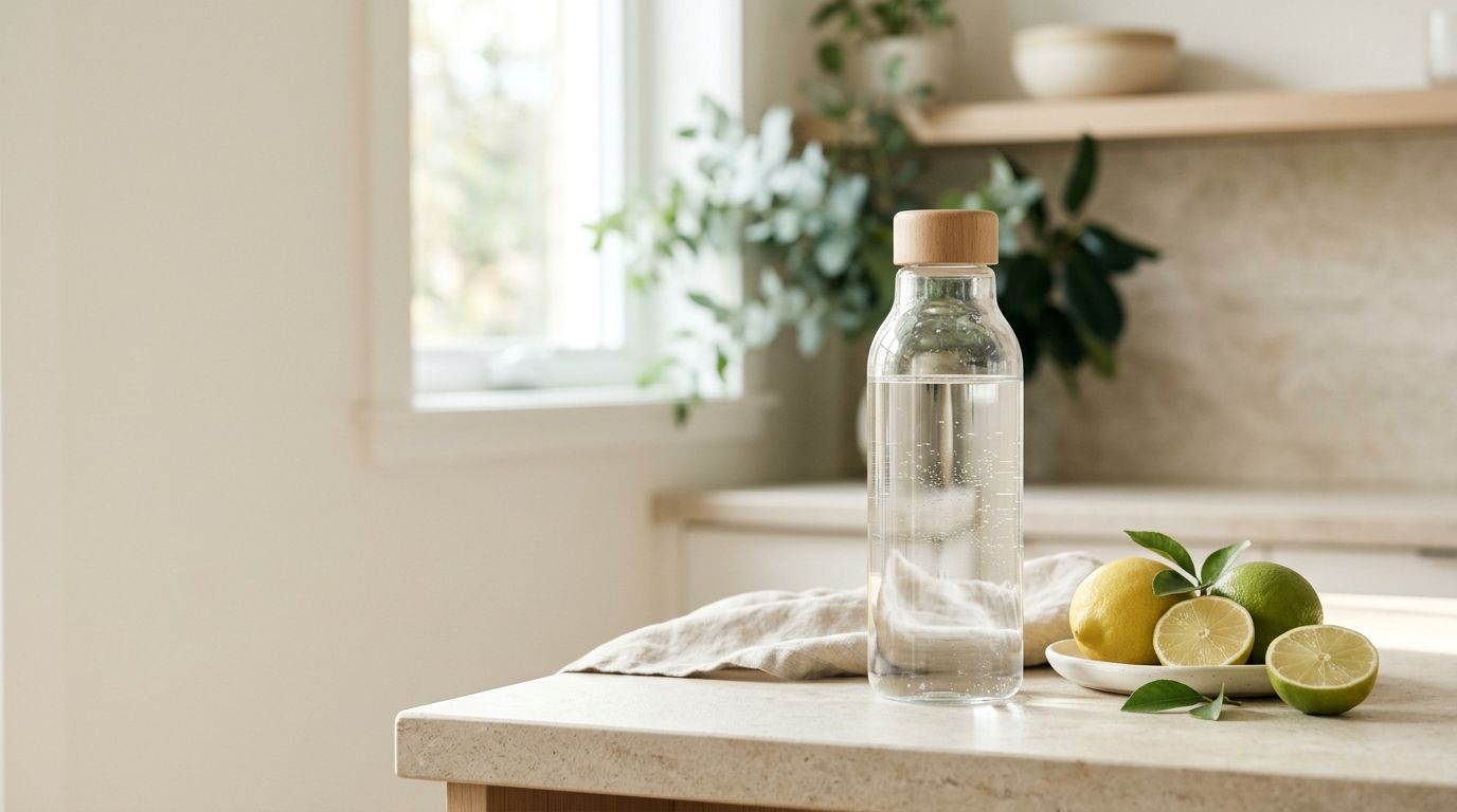 A clear glass water bottle filled with water on a bright, sunlit kitchen counter beside fresh citrus