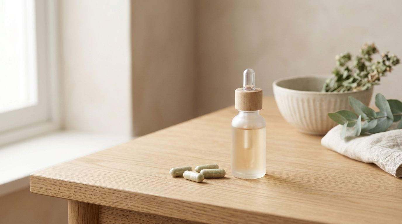 A small dropper bottle and a few capsules on a clean, bright light-wood surface