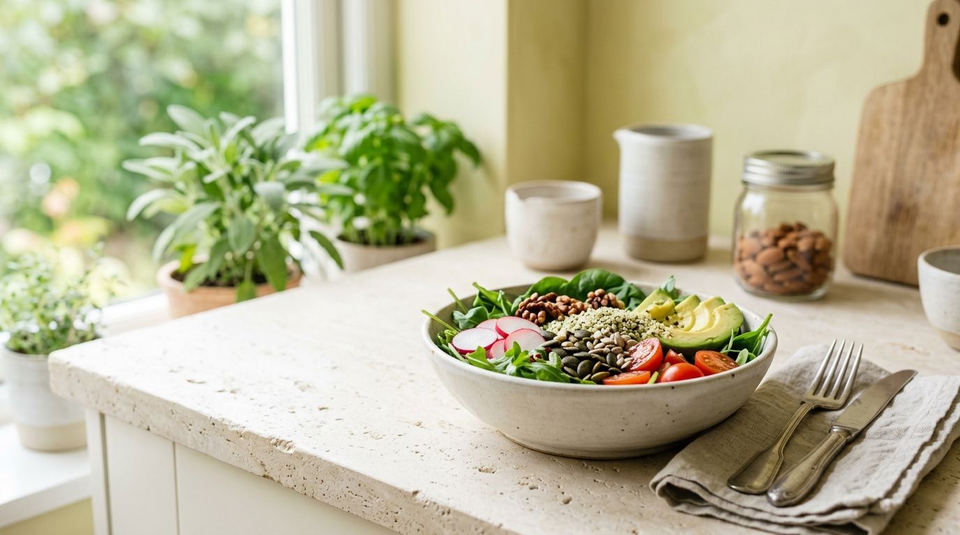 A wooden bowl of colorful whole foods with nuts, seeds and leafy greens on a bright kitchen counter