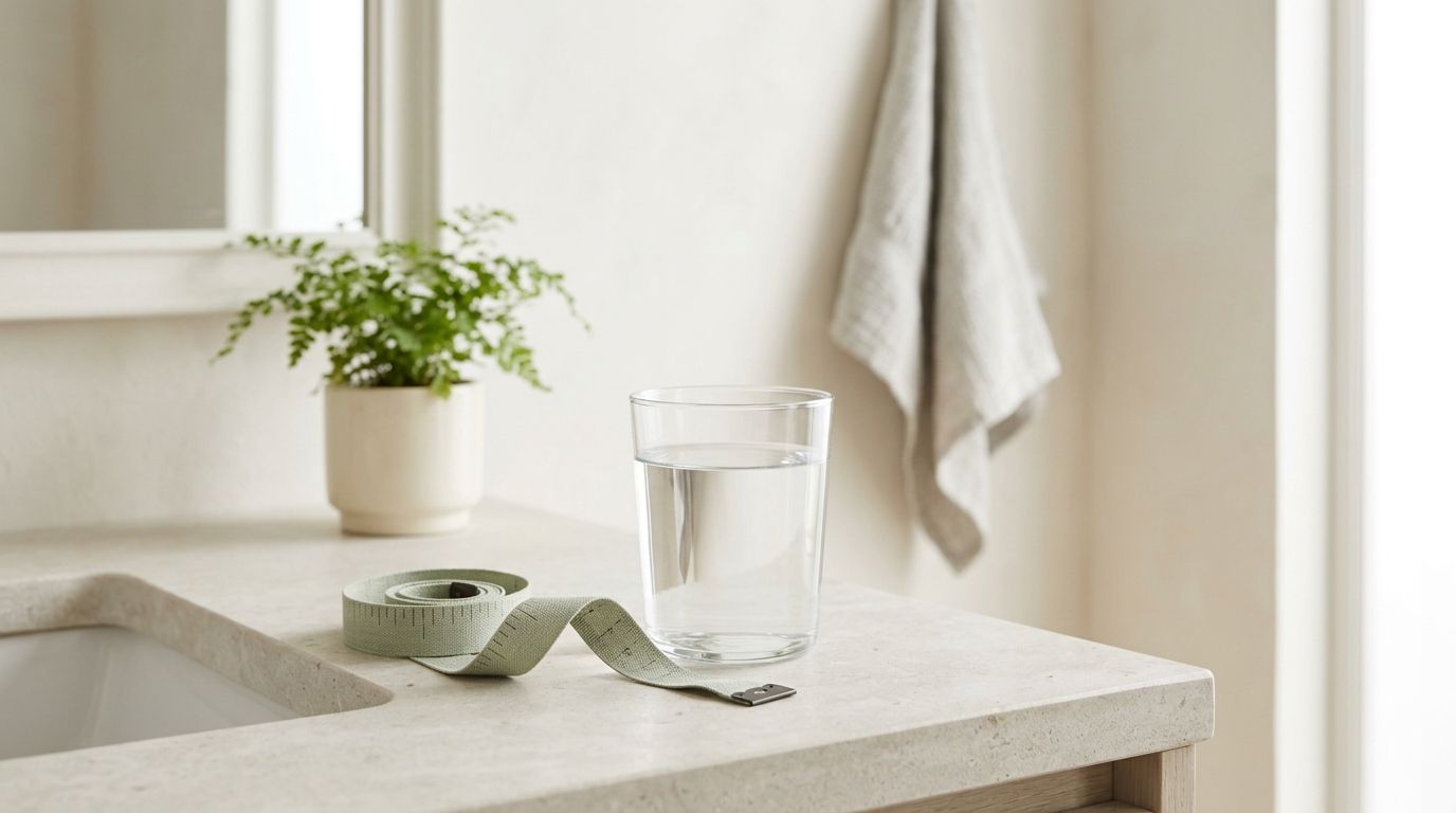 A glass of water and a fabric measuring tape on a bright, minimal bathroom counter