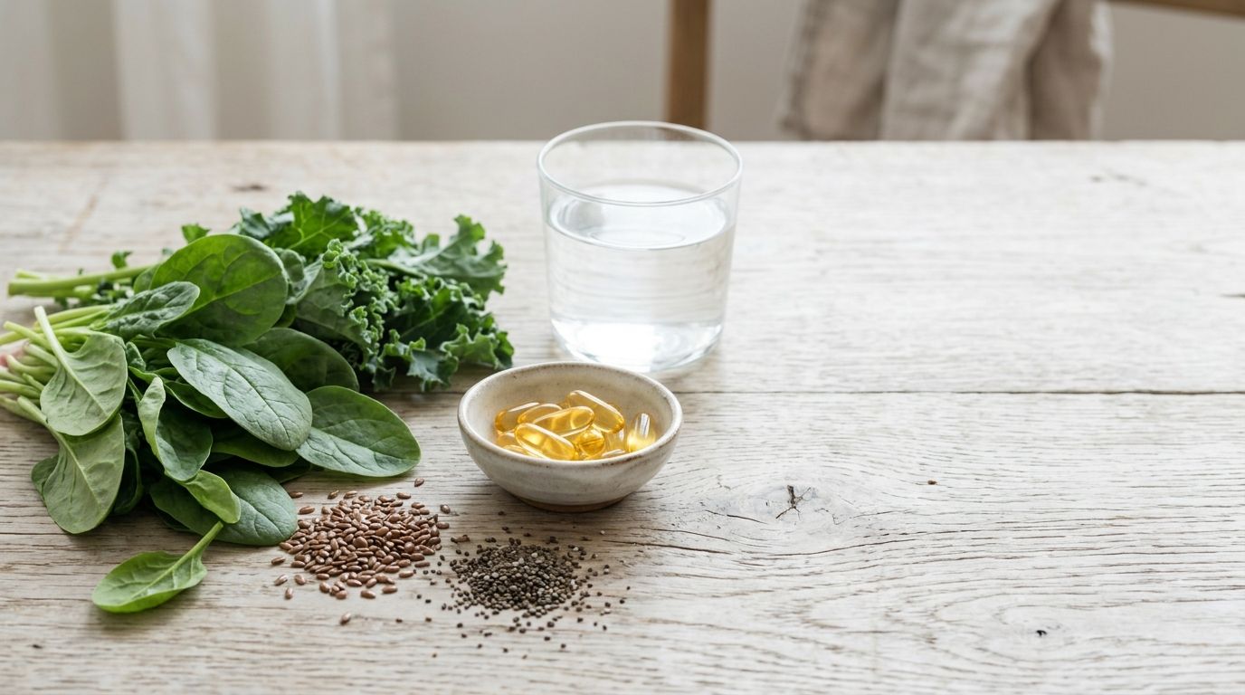 Whole foods and supplement capsules on wood surface with natural lighting, showing plant and marine omega-3 sources.