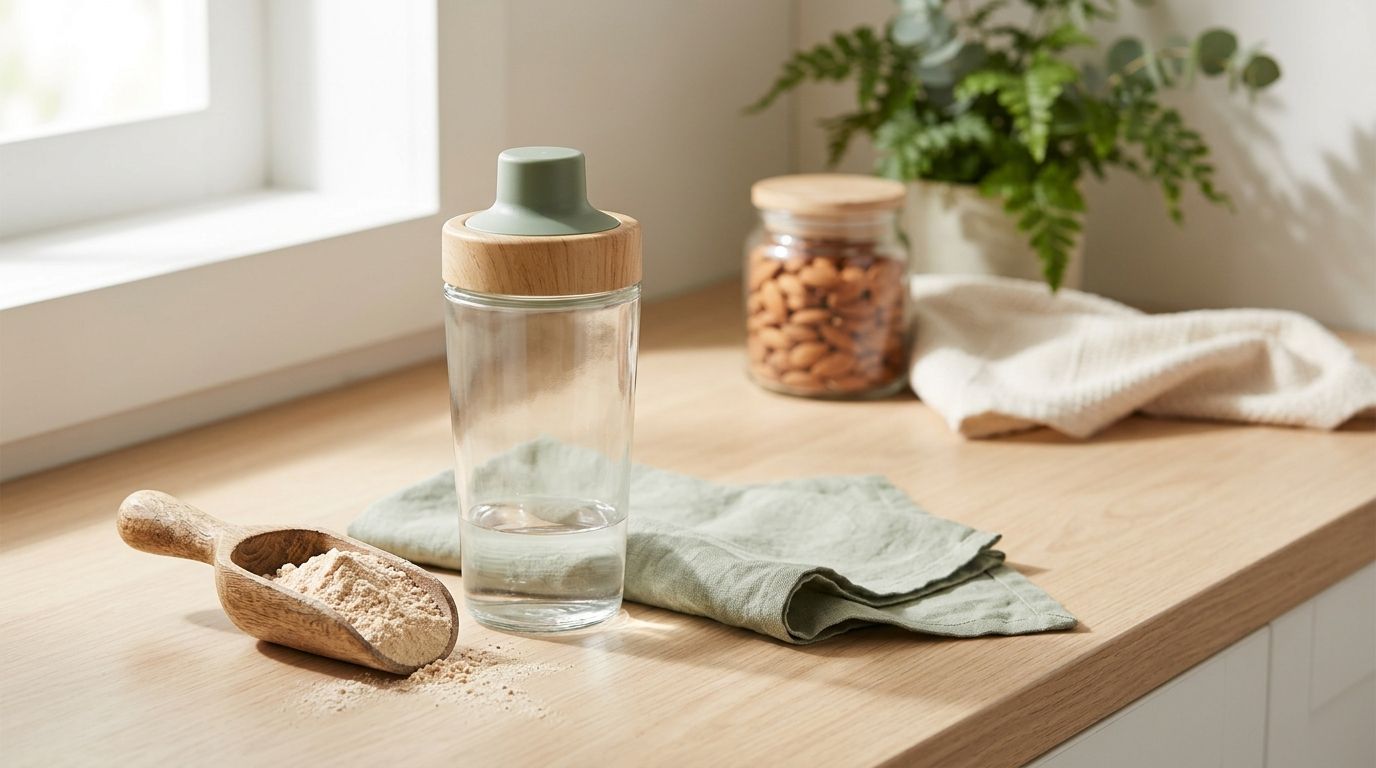 A scoop of fine protein powder beside a glass shaker bottle on a clean, bright surface