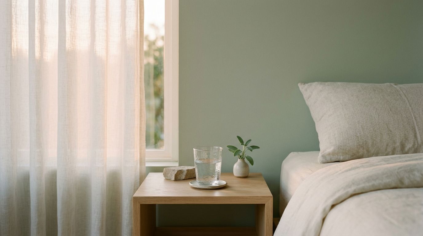 Serene bedroom with soft lighting, pillow, and water glass on nightstand in calming earth tones.
