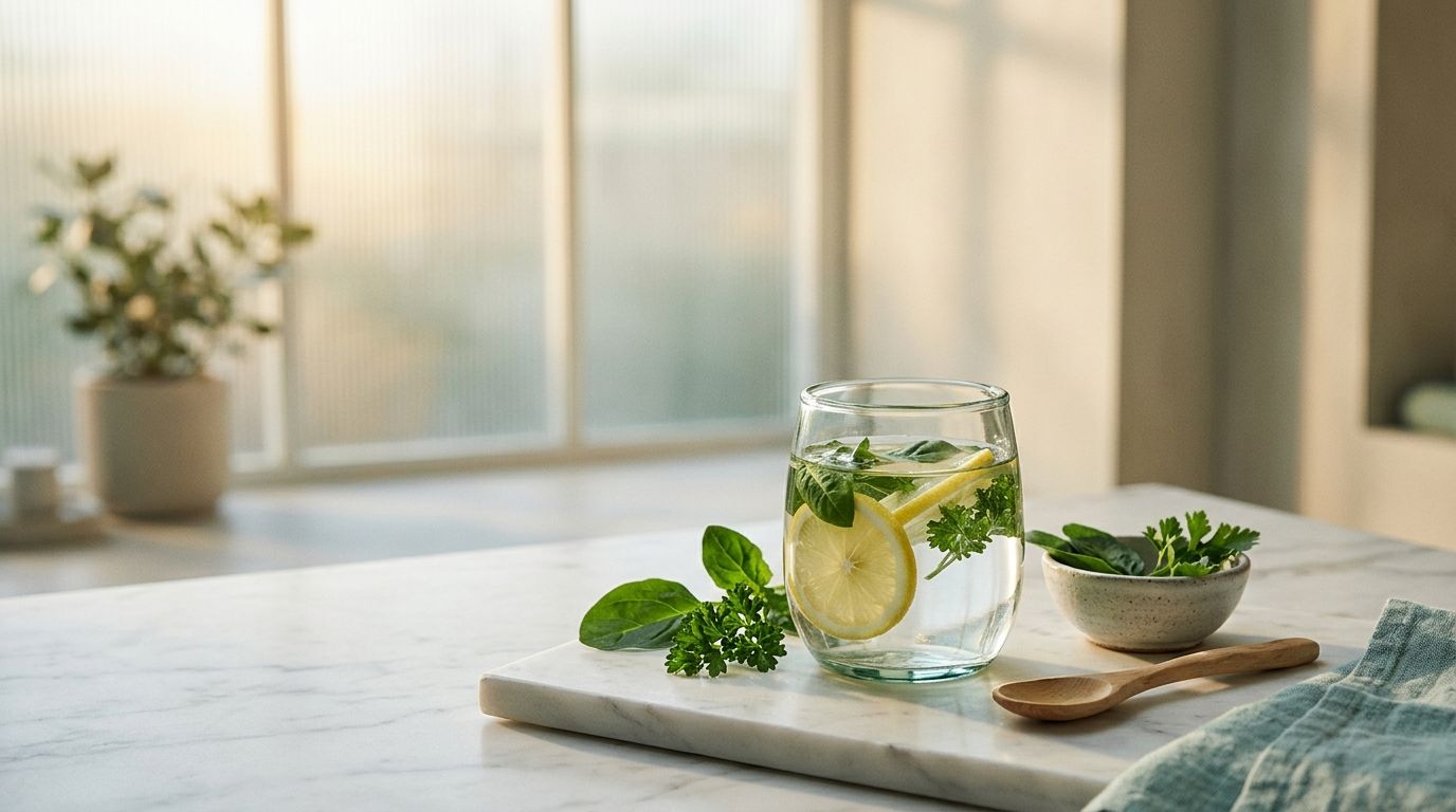 Golden-lit minimalist wellness scene with water, lemon, and fresh green herbs on marble surface.