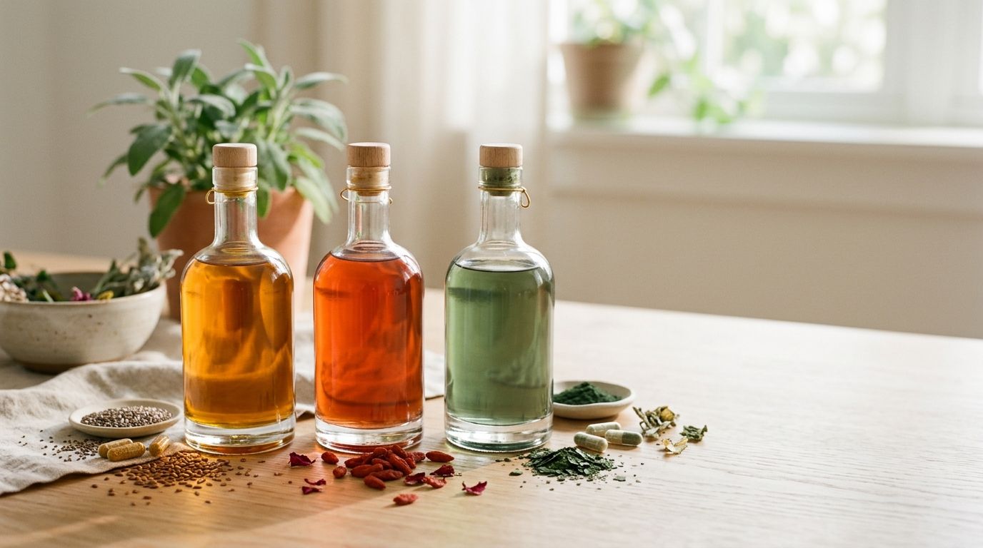 Three supplement bottles with different colored oils arranged on wood with botanical elements, soft natural lighting.