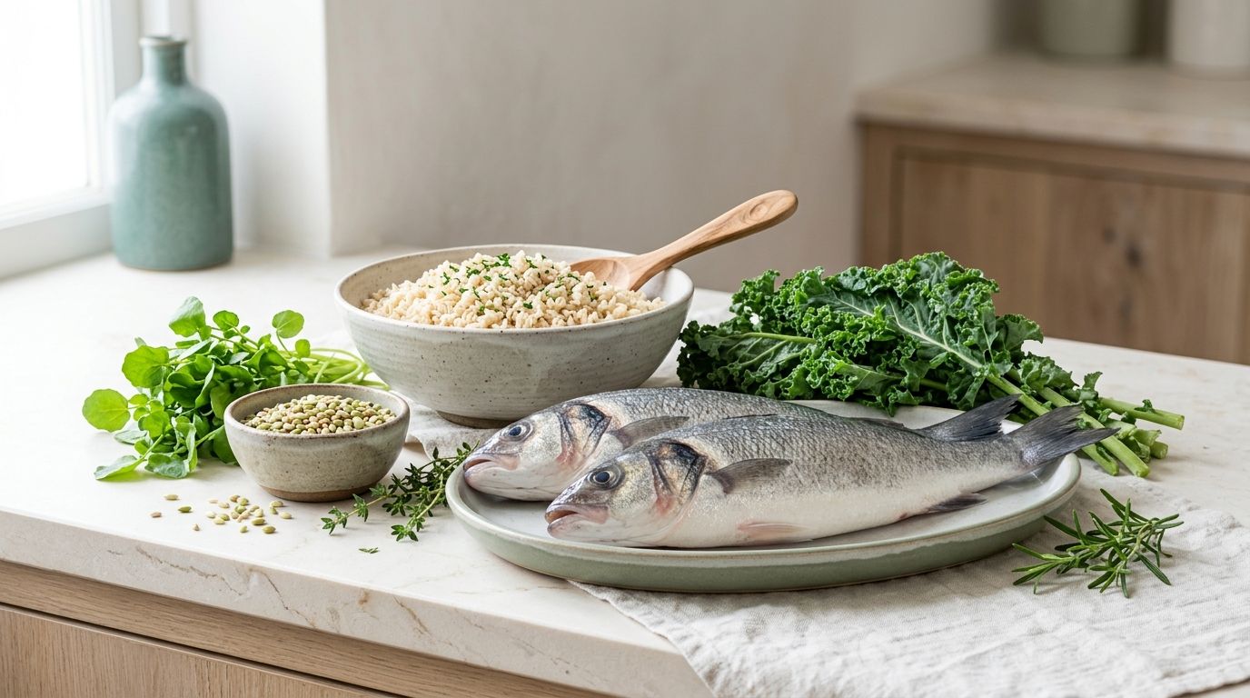 Assorted fresh fish, leafy greens and brown rice arranged on a light kitchen counter