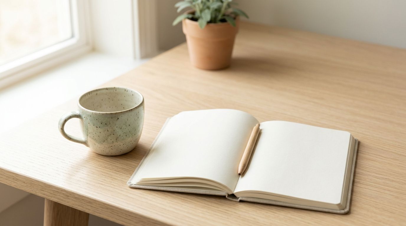 An empty coffee cup beside a notebook on a bright desk in soft afternoon light