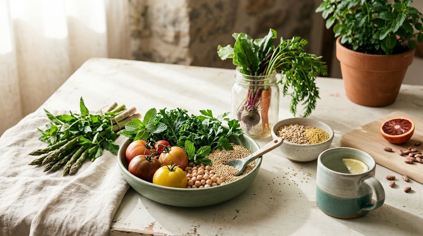 Fresh whole foods artfully arranged on a neutral surface with natural light and soft shadows.