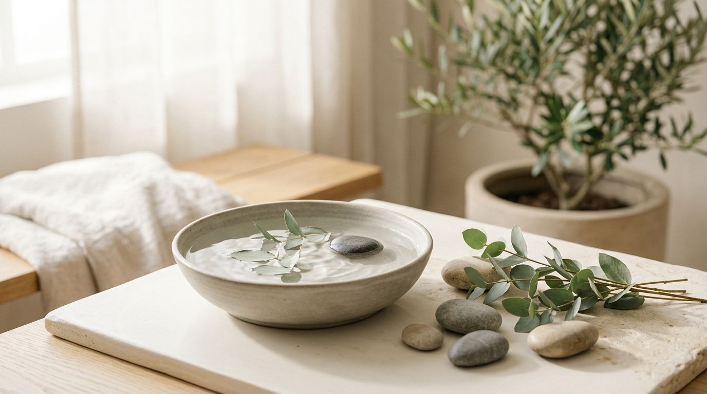 Tranquil spa setting with stones, water, and eucalyptus in warm diffused light symbolizing stress relief and nervous system calm.