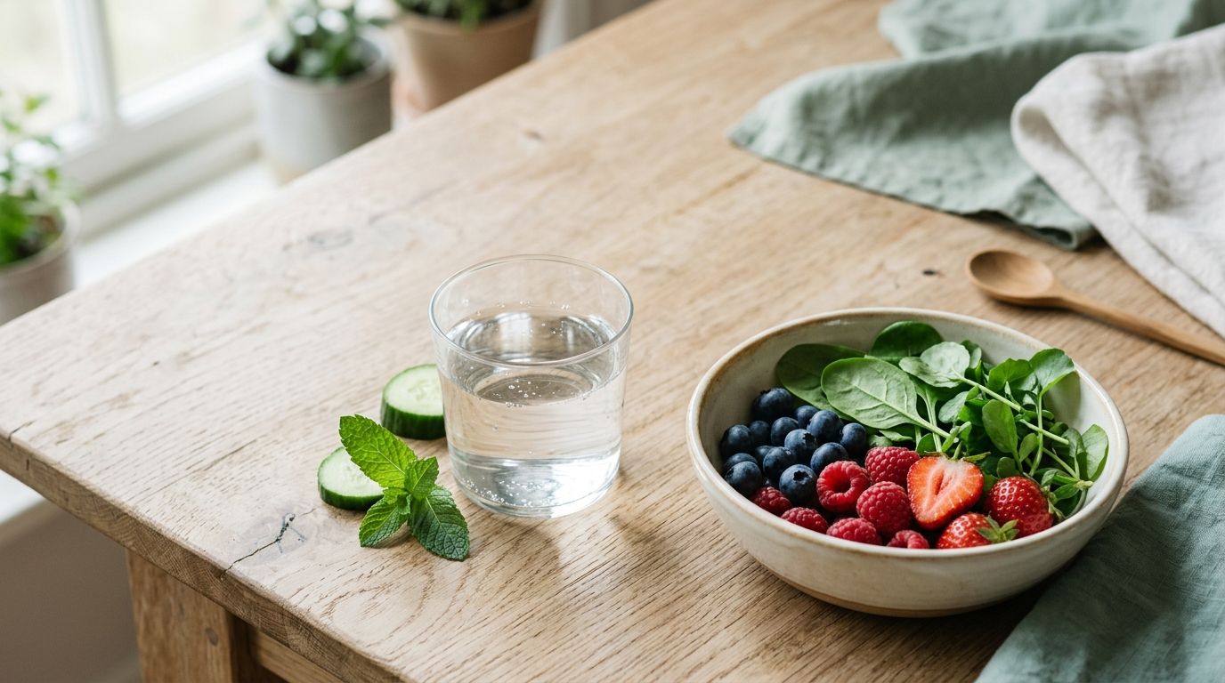 Overhead view of whole foods and water on wooden table with natural lighting, symbolizing digestive wellness