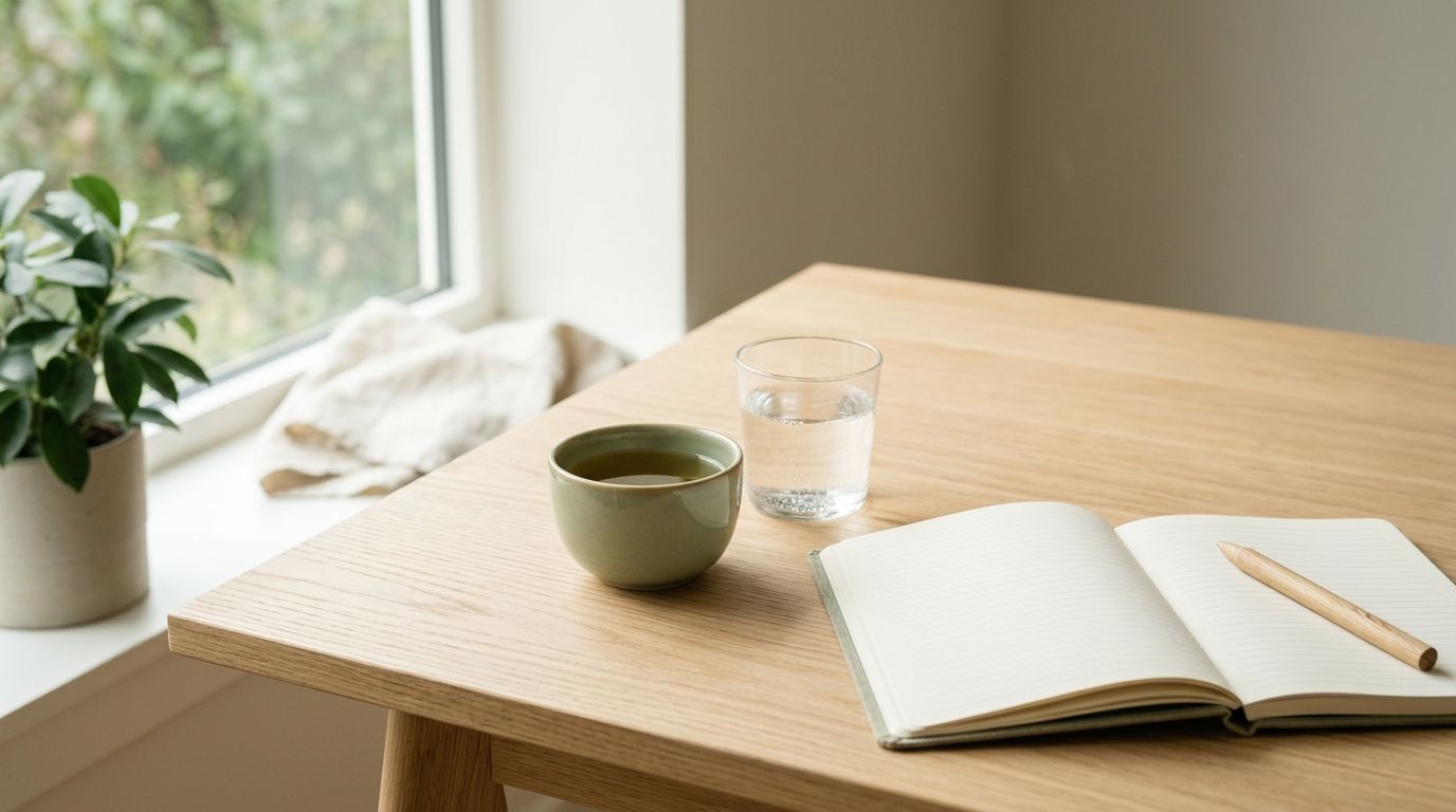 A cup of green tea and a glass of water on a bright, minimal wooden desk beside an open notebook
