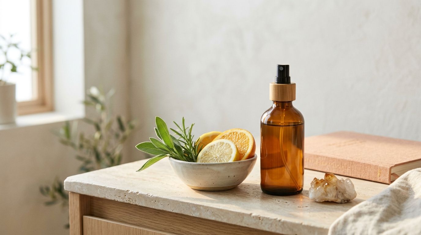 Premium bathroom vanity with amber spray bottle, citrus, herbs, and wellness essentials in golden light.