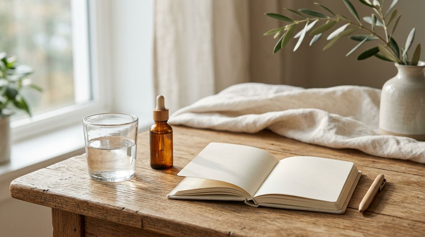 Minimalist wellness setup with dropper bottle, water glass, and journal on wood surface in natural light.