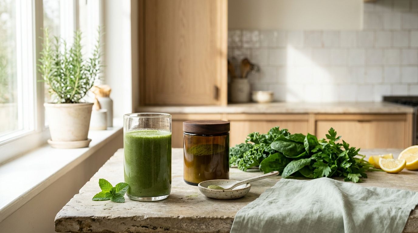A tall glass of vibrant green superfood drink beside a jar of greens powder and fresh leafy greens on a bright, sunlit kitchen counter