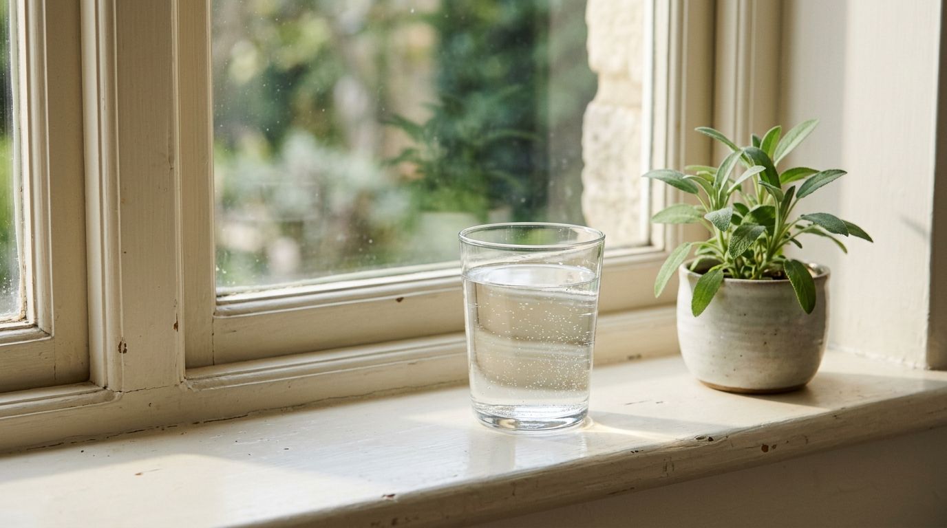 A clear glass of water on a bright windowsill with soft natural light