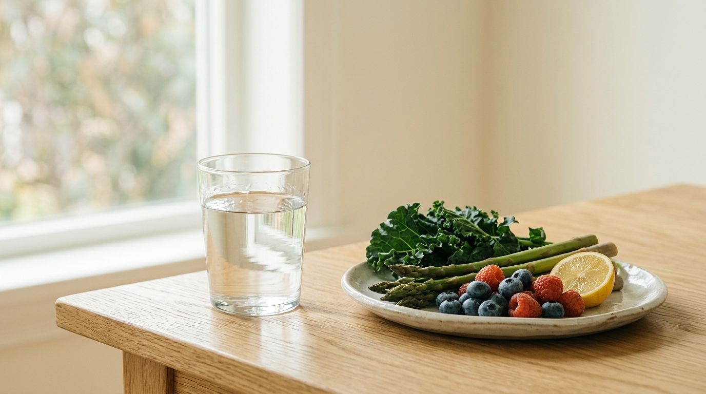 Fresh produce and water on wooden surface in natural light, symbolizing antioxidant-rich nutrition