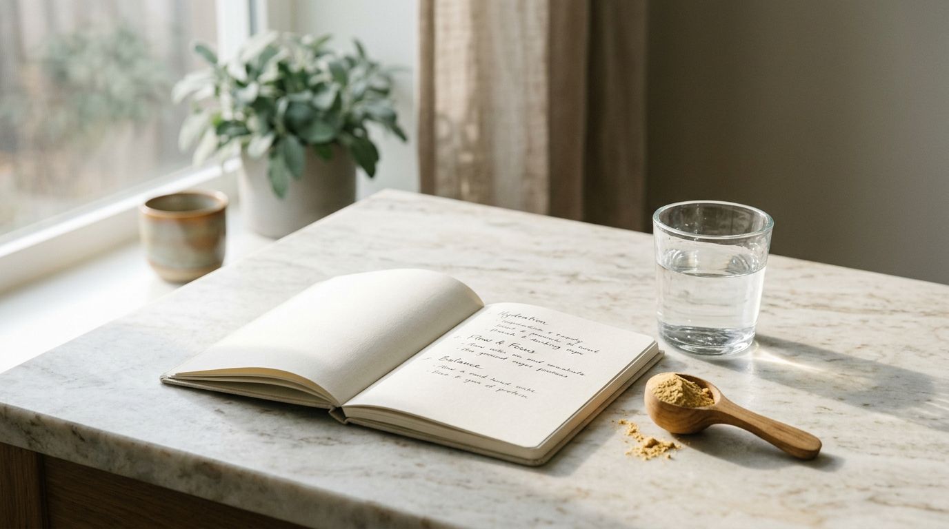 Golden protein powder scoop on marble with water glass and notebook in natural light
