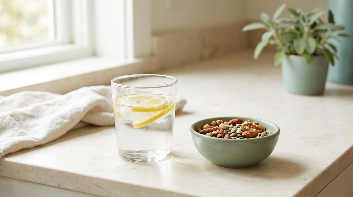 A glass of water with lemon beside a small bowl of mixed nuts and seeds on a bright counter