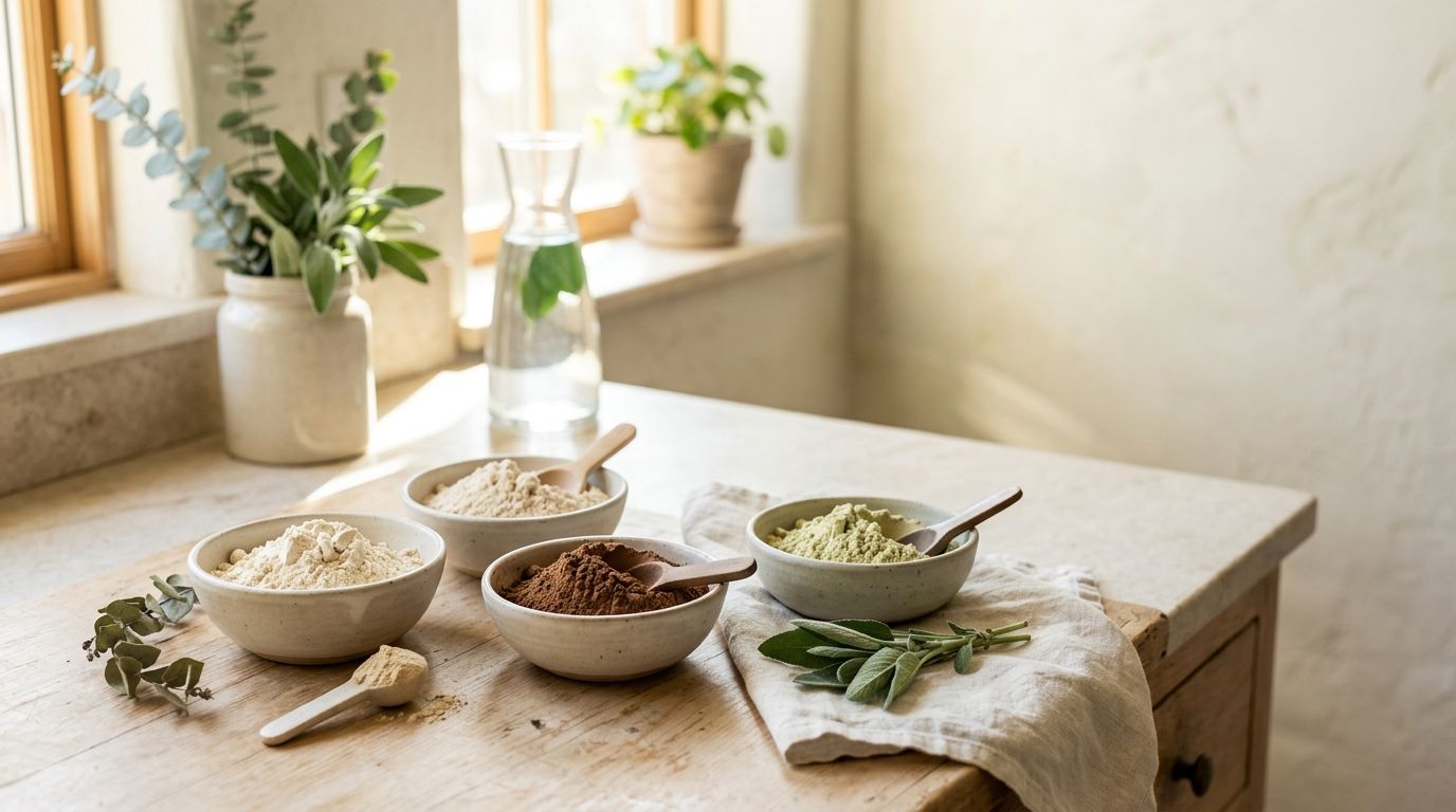 Several scoops of different protein powders in small bowls on a bright kitchen counter