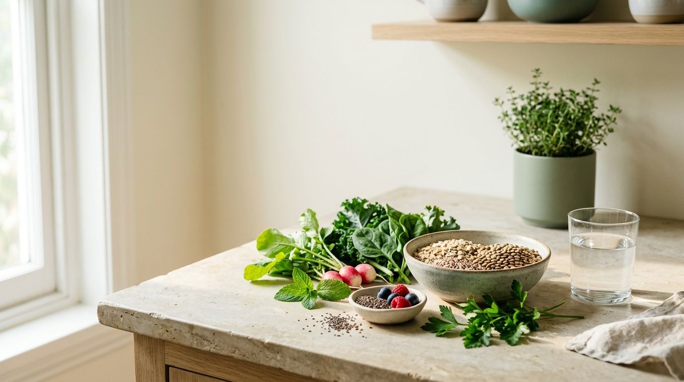 Whole foods and water on a sunlit kitchen counter, representing natural digestion