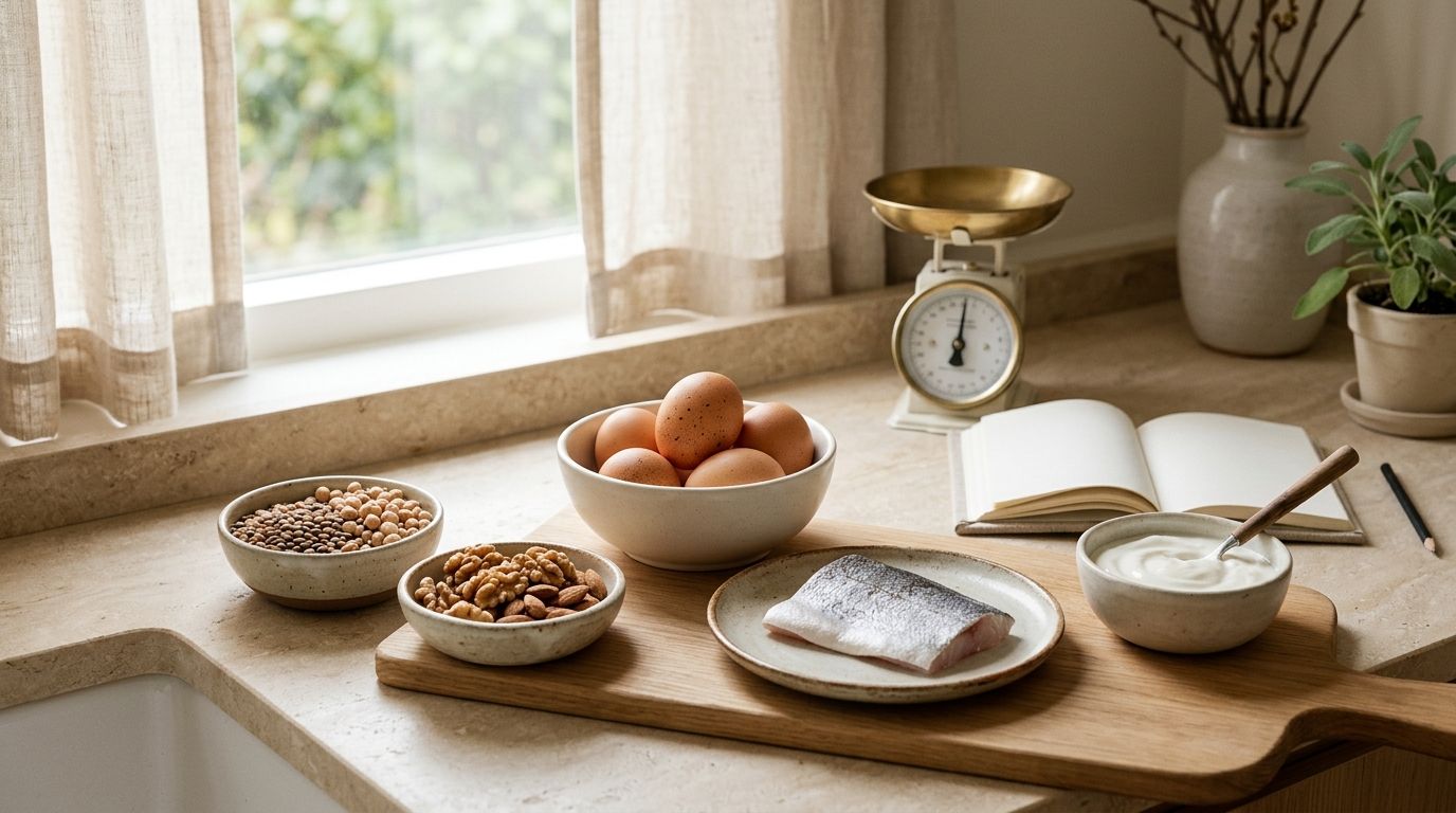Whole food protein sources arranged on a kitchen counter in natural light, representing balanced nutrition science.