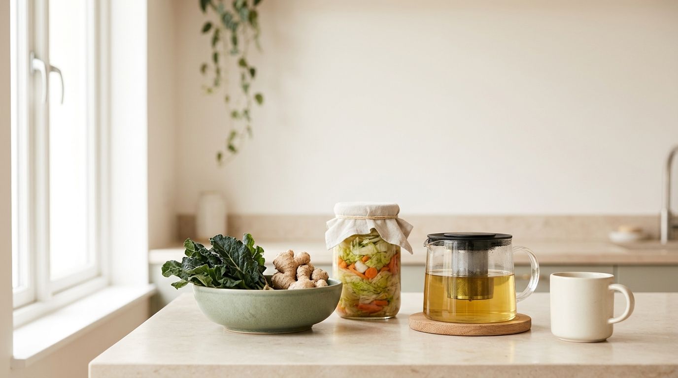 Bright kitchen scene with whole foods and fermented items in natural light, promoting digestive wellness.