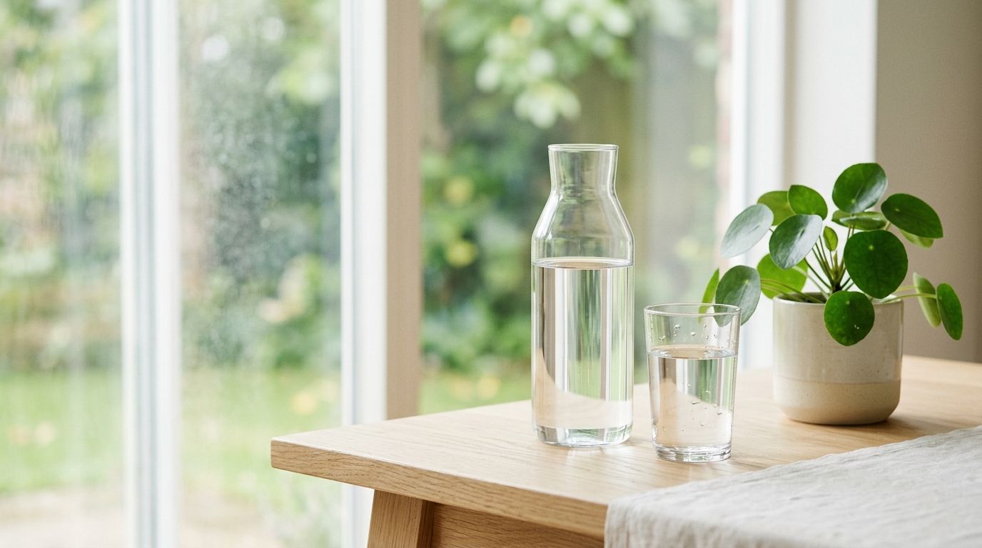 A glass water bottle and a glass of water on a bright desk beside a small potted plant