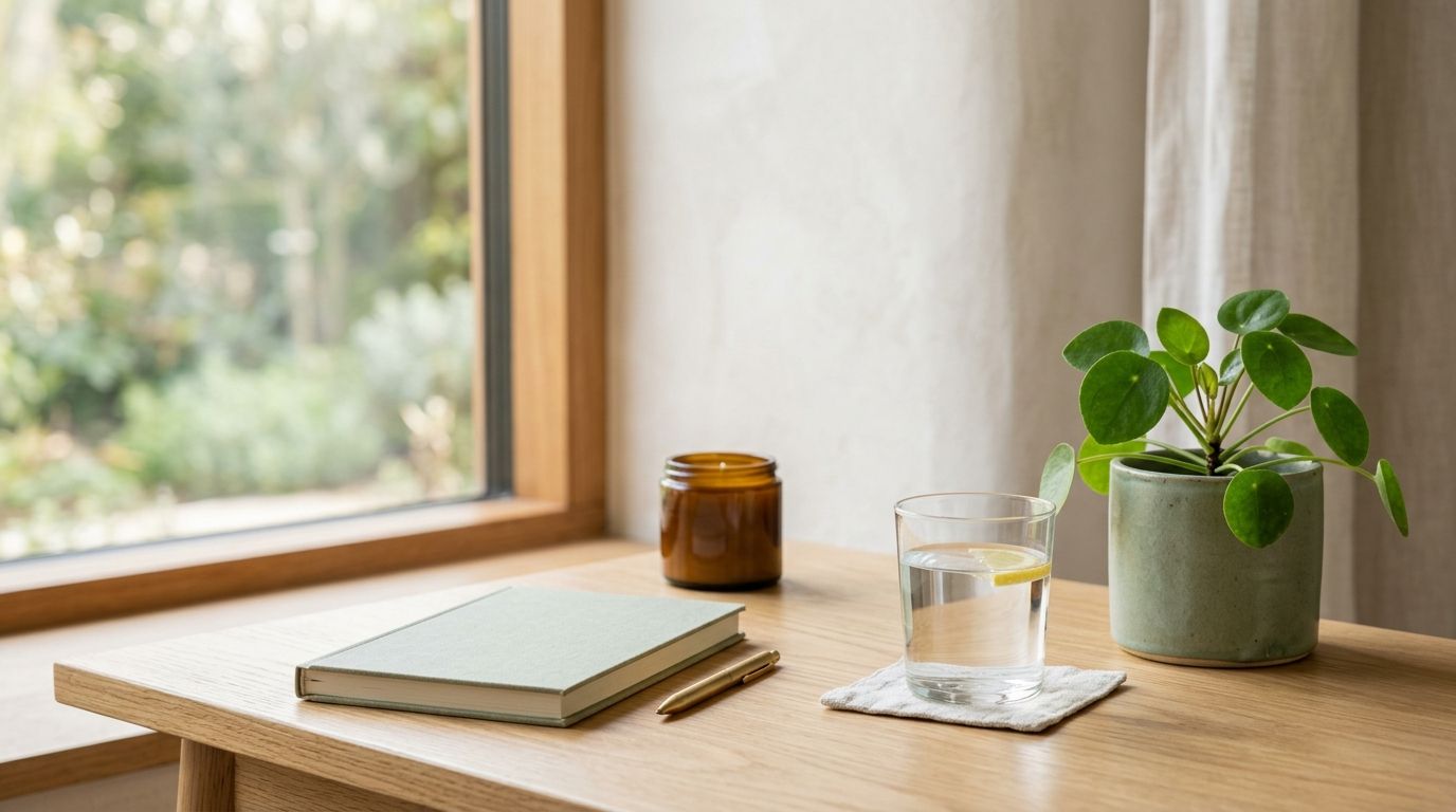 Minimalist wellness scene with water glass, green plant, and natural light on wooden surface