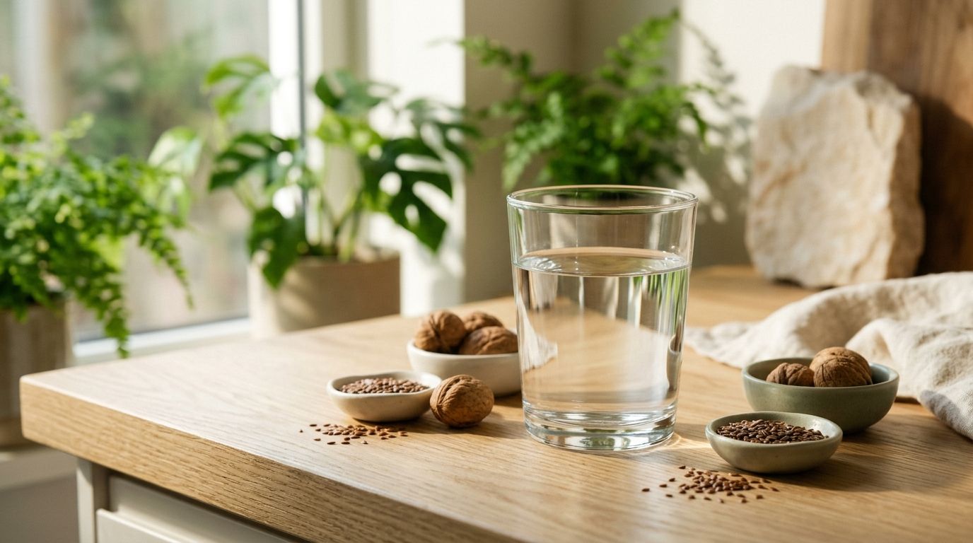Soft-lit wellness scene with natural ingredients and water on wood surface, no faces or text.
